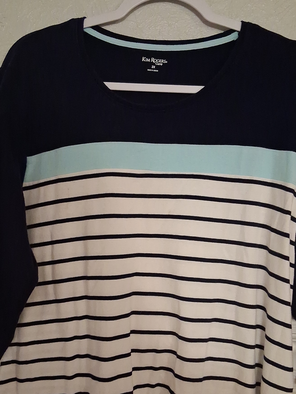 Kim Rogers Navy, White & Mint Striped Long Sleeve Crewneck Top